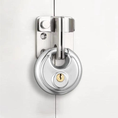 304 Stainless Steel Round Padlock Set Keyed Alike Disc Locks For Storage Units Garages And Trailers 12 Pack in use on door latch