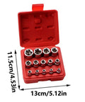 Open red case with 14-Piece Female E-Star Socket Set E4 To E24 Drive With External Hex Sleeve Kit For Impact Wrench And Repair Tools Must-Have Pro Grade Hardened Steel For Mechanics In Tight Spaces, including size measurements.