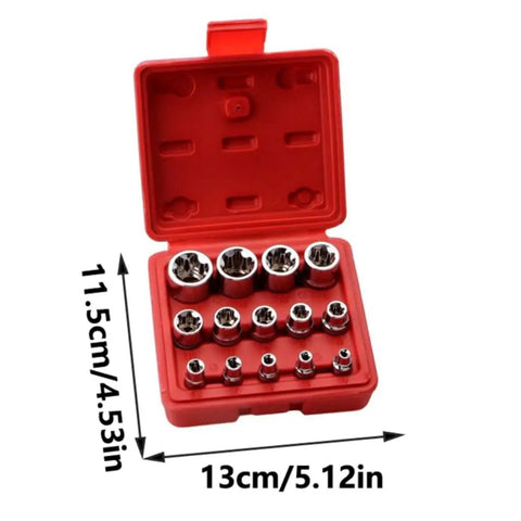 Open red case with 14-Piece Female E-Star Socket Set E4 To E24 Drive With External Hex Sleeve Kit For Impact Wrench And Repair Tools Must-Have Pro Grade Hardened Steel For Mechanics In Tight Spaces, including size measurements.