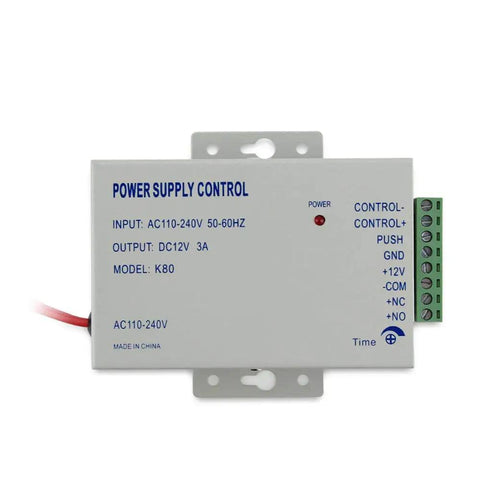 Power supply unit for Waterproof Metal RFID PIN Code Door Security Access Control System Kit, showing input and output specifications.