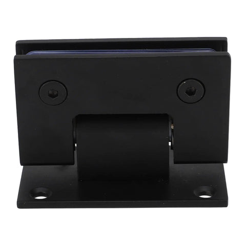 Close-up of frameless glass shower door hinge in stainless steel, dual direction close for 8 to 12mm thick glass, matte black detail.