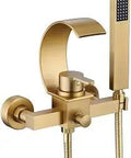 Wall Mounted Bathtub Faucet With Handheld Spray And Waterfall Spout, Brushed Gold Spa Vibe Tub Filler Set For Modern Bathrooms.