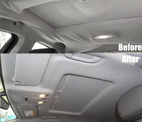 Two-panel view of car headliner repair: crumpled gray headliner before and smooth gray headliner after.