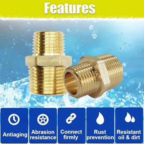 Brass pipe fittings: 1/2 in to 3/8 in NPT male reducing nipples, two pieces (front view)
