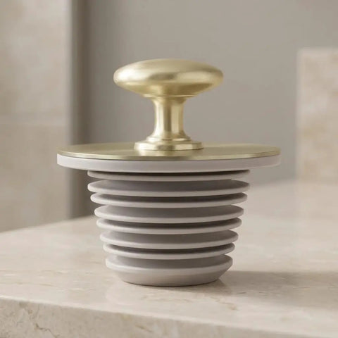 GLSTOY Bathtub Drain Stopper Rubber Plug with Handle Stepped Seal, gray and gold design, ideal for various drain sizes.