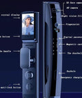 Straight Up Smooth Smart Door Lock With Fingerprint Scan And 3D Face Recognition Plus Integrated Cat Eye Camera features detailed components like LCD display and fingerprint area.