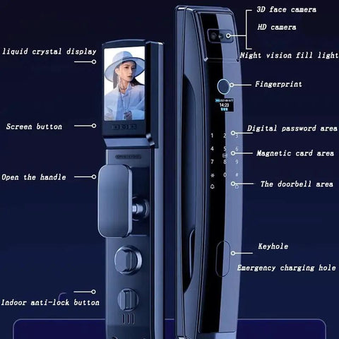 Straight Up Smooth Smart Door Lock With Fingerprint Scan And 3D Face Recognition Plus Integrated Cat Eye Camera features detailed components like LCD display and fingerprint area.