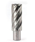 Front view of a silver annular cutter with spiral flutes and Weldon shank; 1 in cutting diameter, 2 in depth.
