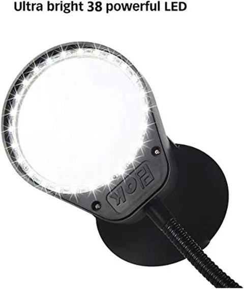Top view of Desk Magnifier Lamp With 3X And 10X Loupes Lighted Clip On Magnifier showing illuminated LED ring and flexible arm attachment