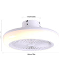 Ceiling Fan RGB 18 Inch Remote Controlled Low Profile Soundless Bladeless shown from below with measurements, white finish