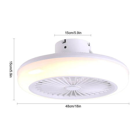 Ceiling Fan RGB 18 Inch Remote Controlled Low Profile Soundless Bladeless shown from below with measurements, white finish