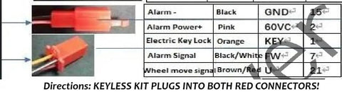 Wiring diagram for Straight Up Killer Keyless Alarm Kit For 36V To 72V Electric Bikes And Scooters with color-coded connectors.