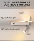 Image of M02 Wall Mounted Reading Light with Romantic Ball Light and USB Port showing dual independent control switches for plug-in or hardwired setup.