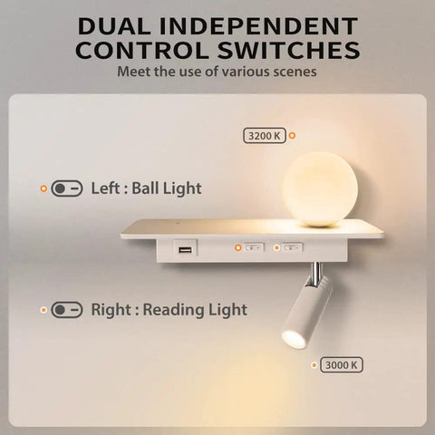 Image of M02 Wall Mounted Reading Light with Romantic Ball Light and USB Port showing dual independent control switches for plug-in or hardwired setup.