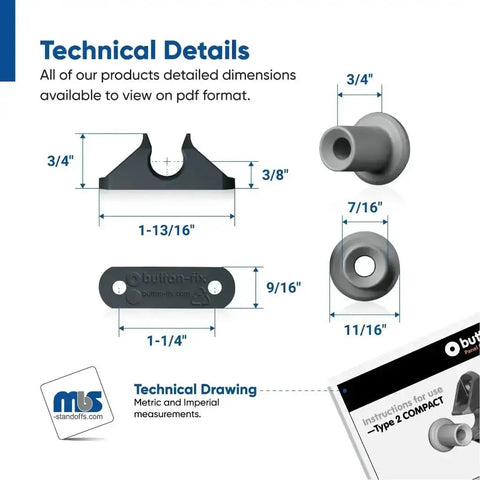 Technical drawing showing dimensions of Compact Push On Button Fix For Ninety Degree Panel Connections for precise installation.