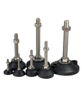 Four Pack Heavy Duty Adjustable Leveling Feet With Non Slip Rubber Glides And Swivel Bases for stable furniture placement, varying sizes.