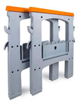 Heavy Duty Rectangular Folding Sawhorse Set Of Two features grey frames, orange tops, tool hooks, and nonskid bottoms.
