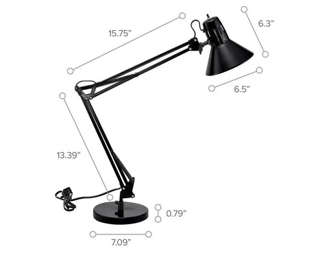 Swing Arm Desk Lamp With 36 Inch Reach Fully Adjustable Multi Joint Metal Build Replaceable LED Bulb Black Office Task Lighting