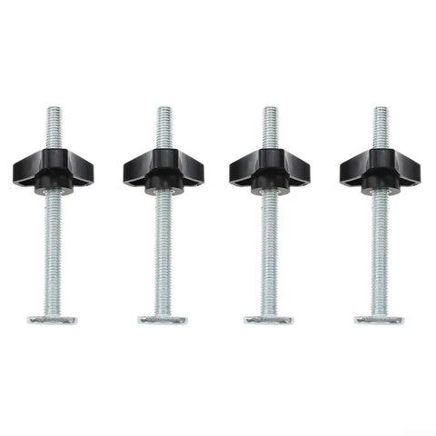 Four Pack M8 T Slot Bolts And Knobs Clamps With Plastic Handles For Woodworking Jigs Fixtures, Heavy Duty Workbench T Track Accessories Kit In Silver Black To Lock Your Project Down Smooth. Four black plastic knobs with M8 threaded bolts