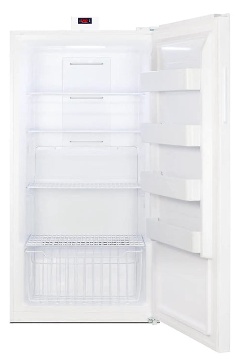 Interior view of 33 Inch Wide Upright All-Freezer Delivering 17 Cu Ft True No Frost with spacious shelves and LED lighting.