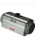 Pneumatic actuator with silver aluminum body, dark end caps, top knob, and side ports.