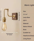 Vintage Brass Wall Sconce, Industrial Wood Light Fixture with adjustable arm, walnut wood base, for headroom or study.
