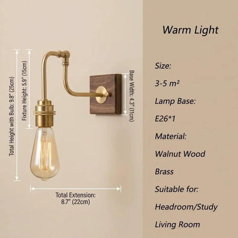 Vintage Brass Wall Sconce, Industrial Wood Light Fixture with adjustable arm, walnut wood base, for headroom or study.