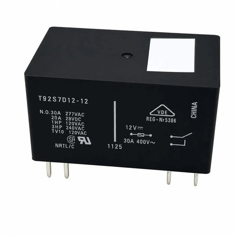 Rugged 12V Dc Power Relay Compatible With T92S7D And 1393212-8 Specs, an 8-pin relay with black casing showing specifications.