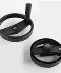 Rock Solid Two Spoke Foldable Hollow Handwheel With Crank Handle And 10 To 20mm Bore for industrial lathe, showing black plastic design.