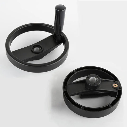 Rock Solid Two Spoke Foldable Hollow Handwheel With Crank Handle And 10 To 20mm Bore for industrial lathe, showing black plastic design.