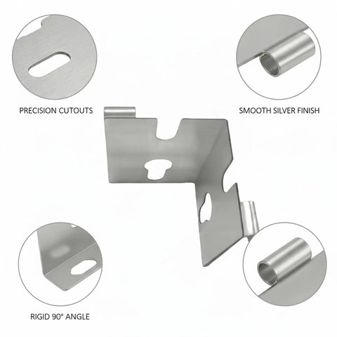 Heavy Duty Steel Corner Shelf Connector Bracket For DIY Shelving, 90 Degree Joint, silver finish with precision cutouts.