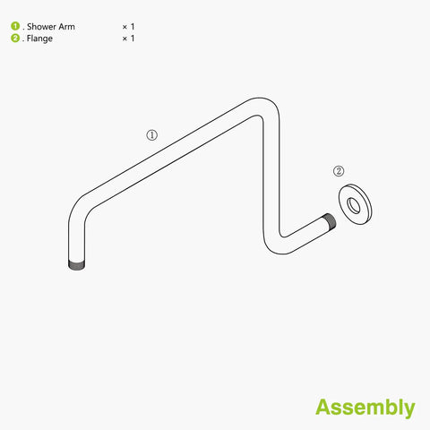 Diagram of Offset Brass S Style Shower Arm Extension With 1/2 NPT Connection, Brushed Nickel Finish, showing assembly components