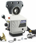 X Axis Power Feed for Milling Machine Table 110V 90W Heavy Duty Aluminum Unit Fits Most Vertical Knee Type Mills With Five Eighth Inch Shaft End And Smooth Fast Feeding, shown with components.