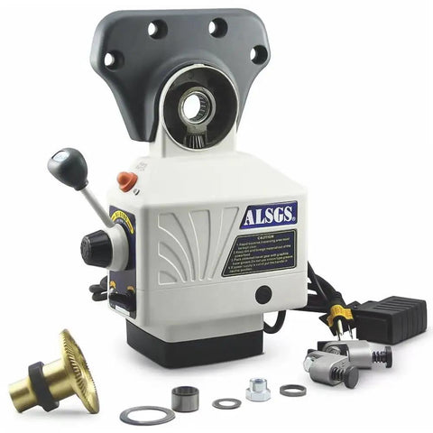 X Axis Power Feed for Milling Machine Table 110V 90W Heavy Duty Aluminum Unit Fits Most Vertical Knee Type Mills With Five Eighth Inch Shaft End And Smooth Fast Feeding, shown with components.