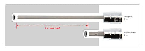 Comparison between long and standard bits from 3/8 Inch Drive Hex Socket Set, 36-Piece With Inch And Metric Hex Bits And Long Sockets.