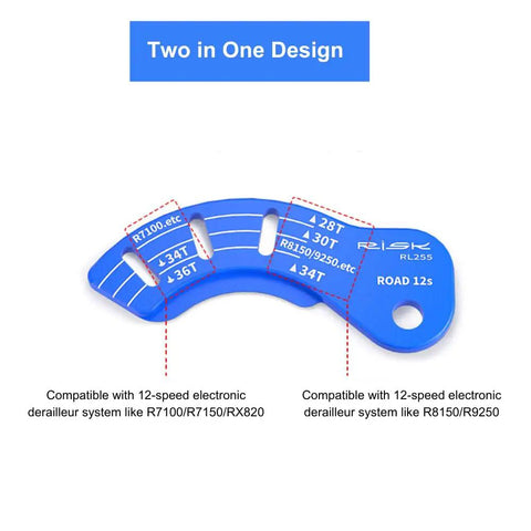2 Pack Shimano 12 Speed Electronic Derailleur Adjustment Tools with Precision Gauge, blue, showing compatibility details.