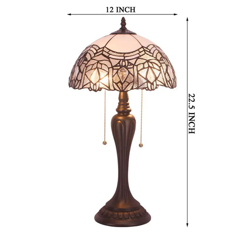 Tiffany Style Table Lamp With White Bent Stained Glass Crystal Shade, 12x12x22 Inches, UL Listed, on vintage bronze base