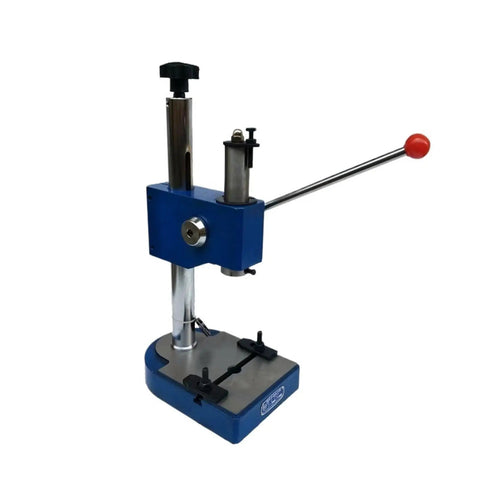 Slick Little Manual Arbor Press Station With Dead Simple Smooth Operation For Desktop Electronics Assembly And Hardware Punching, compact blue design.