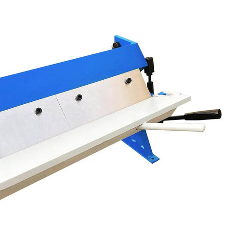 Side view of 24 Inch Box Pan Brake for 20 Gauge Sheet Metal with bench top bender and removable fingers, showing compact heavy-duty design.