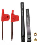 Lathe Inner Threading Turning Tool Kit with tool holder, two carbide inserts, two red wrenches for impact resistant cutting.
