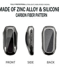 Sleek Rugged Carbon Fiber Key Fob Protector Case Optimized Perfect Fit Tesla Model X shown from front, side, and back angles.