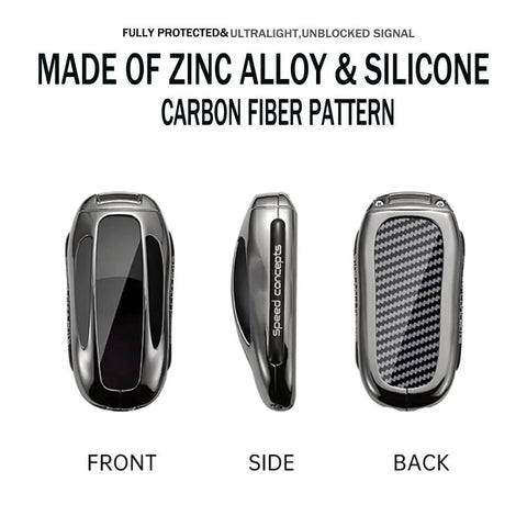 Sleek Rugged Carbon Fiber Key Fob Protector Case Optimized Perfect Fit Tesla Model X shown from front, side, and back angles.