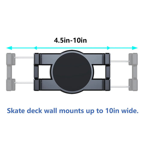 Skateboard Wall Mount 360 Degree Rotatable Floating Display Hanger for decks up to 10in, extendable clips shown.