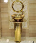 Modern 16 Inch Gold Ceramic Vessel Sink With Faucet And Drain, Sleek Pedestal Washbasin Combo Featuring High Gloss Finish displayed in bathroom.