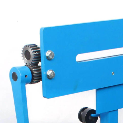 Close-up of blue gear drive on Pro Grade Bead Roller Kit For Sheet Metal with manual hand crank and benchtop design.
