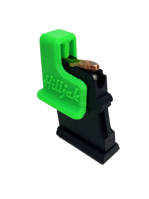 Neon Green Magazine Speed Loader For CZ 457, 512, 452, 455, 453 And Savage Mark II - Quickie Loader in use with bullet and magazine