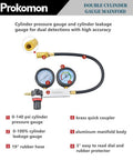 Front view of Prokomon engine cylinder leak-down tester kit with dual gauges and 19-inch hose