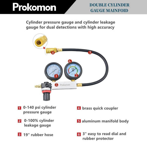 Front view of Prokomon engine cylinder leak-down tester kit with dual gauges and 19-inch hose