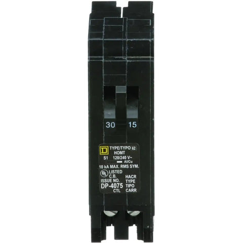 Front view of HOMT3015 Miniature Circuit Breaker for Home Panels With Thermal Magnetic Protection, 15 Amp, UL Listed