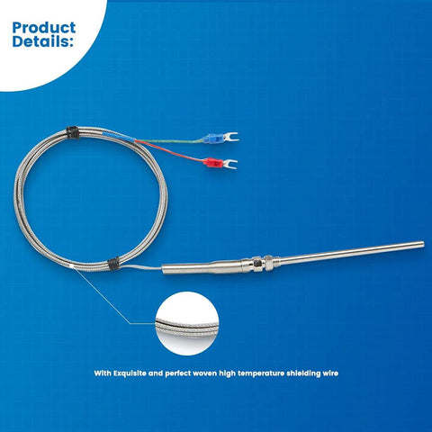 K-type thermocouple temperature sensor with 100 mm stainless steel probe and 2 m braided shielded wire, red and blue insulated leads